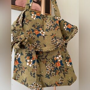 Floral Green Corduroy Retro Zip Tote Bag Crossbody Adjustable Boho